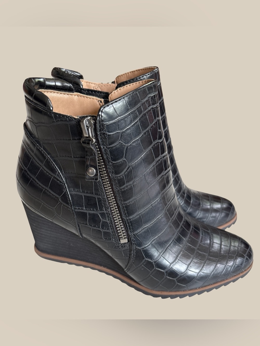 SOUL Naturalizer Haley Black Croc Embossed Wedge Ankle Booties Zipper SZ 8.5M